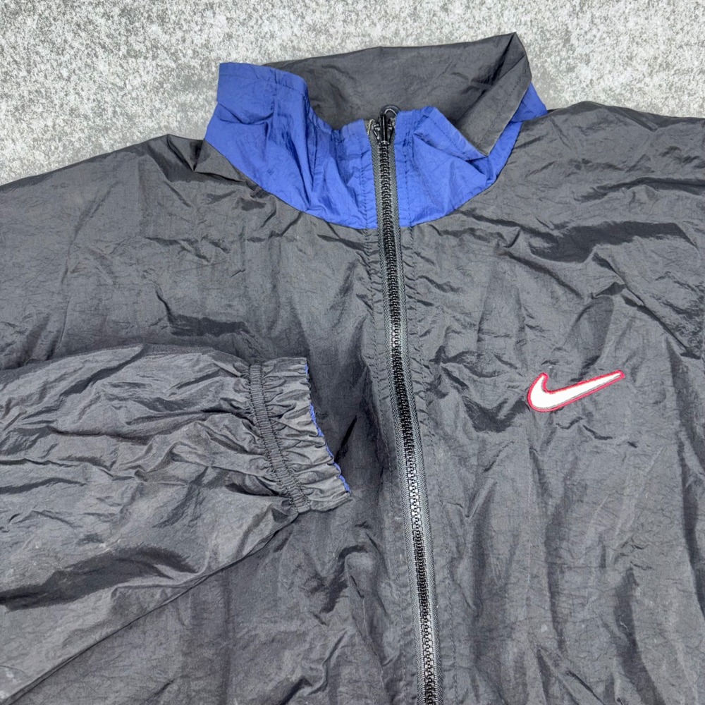 Nike Windbreaker Jacket Mens XL Black Blue Full Zip Swoosh Logo Athletic Vintage